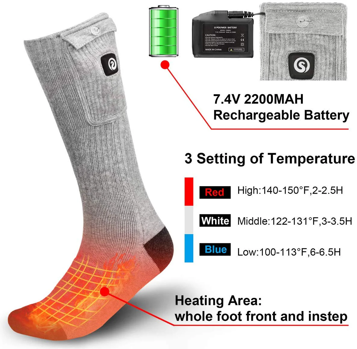 Savior Heated Socks | 7.4V Rechargeable Battery Operated Heated Socks Gray - Image 6