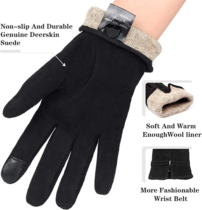 Ozero Deerskin Suede Women Leather Gloves with Warm Cashmere Lining | Winter Touchscreen Gloves - Image 6