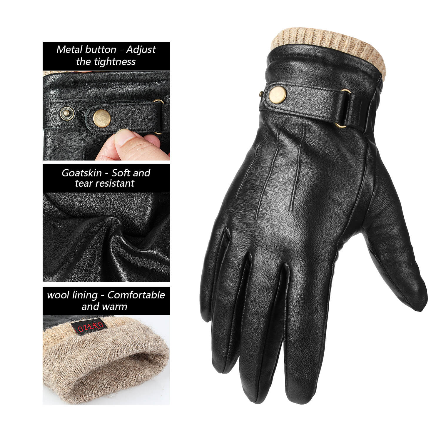 OZERO Men Cashmere Lined Leather Touchscreen Gloves | Winter Goatskin  Leather Driving Gloves - Image 3